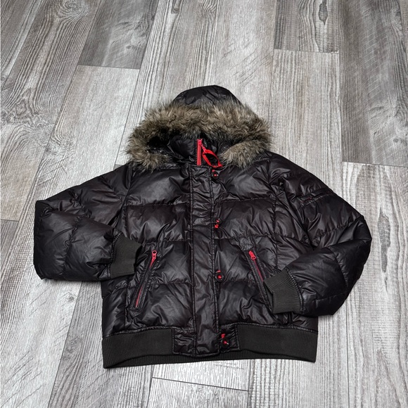 Vintage GAP brown Down puffer hooded fur collar parka jacket winter coat XL - Picture 4 of 15